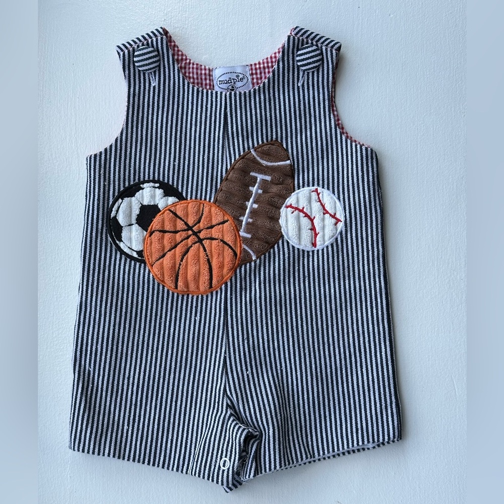 Mud Pie Vintage Striped Sports Jon Jon Shortall Romper size 0-6 Months